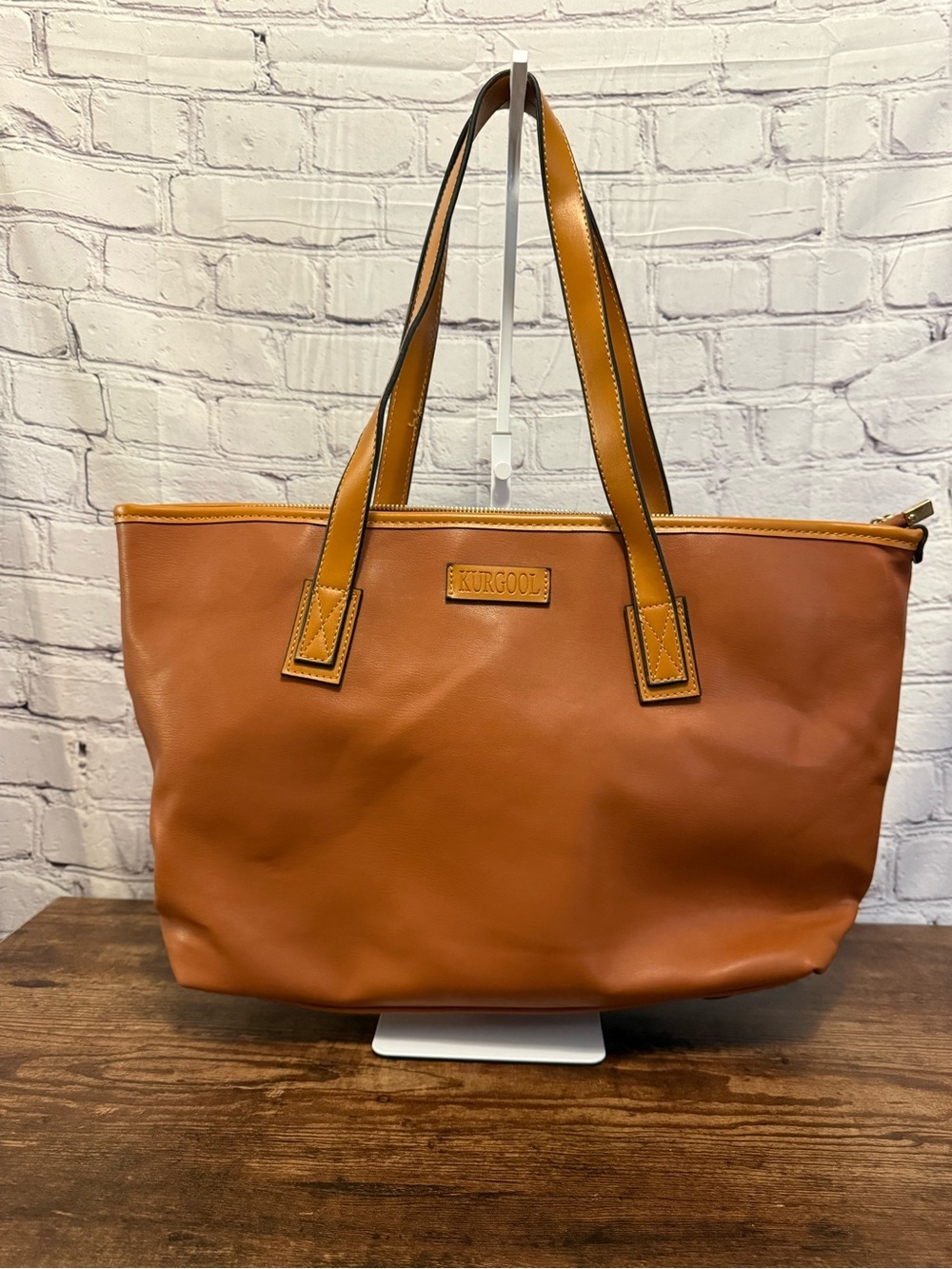 Kurgo Cognac Leather Tote with Honey Trim with wristlet pouch